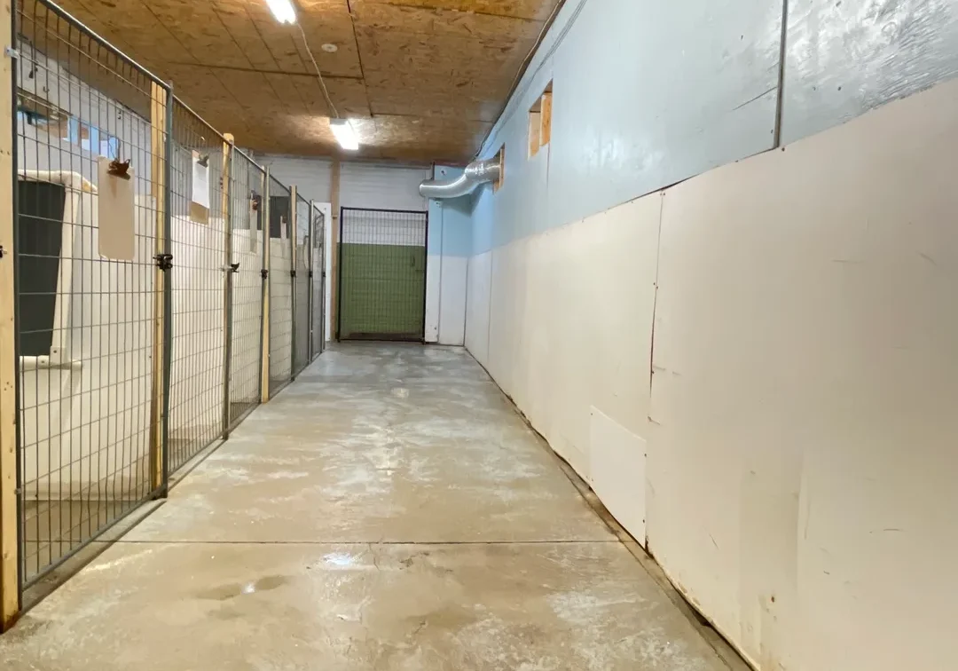 A hallway with some white walls and concrete floors