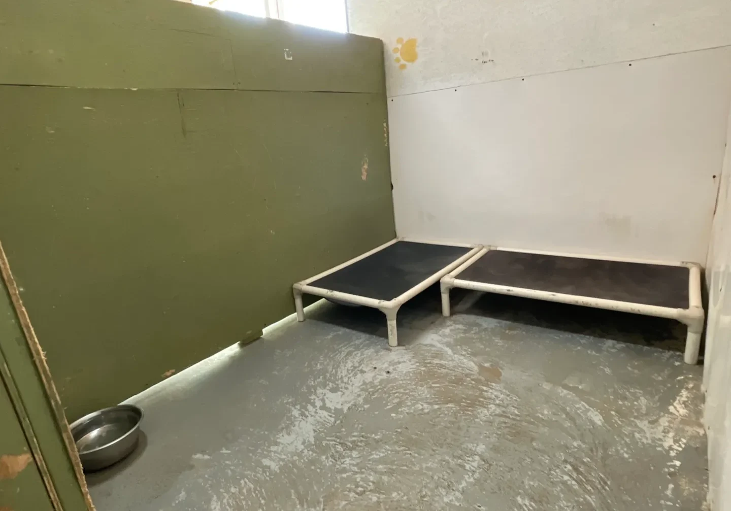 A room with two beds and a wall